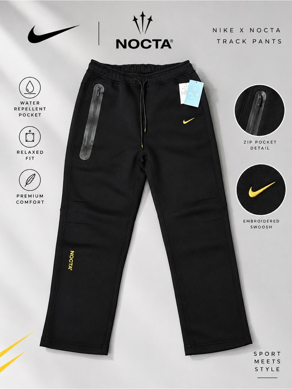Nike Nocta Black Track Pants with Yellow Swoosh